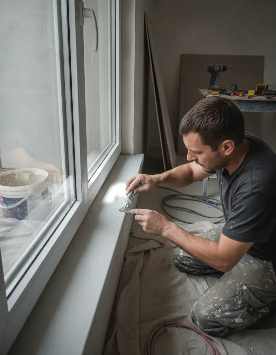 Handwerker bessert auf der Baustelle einen Kratzer an einem Fensterrahmen aus