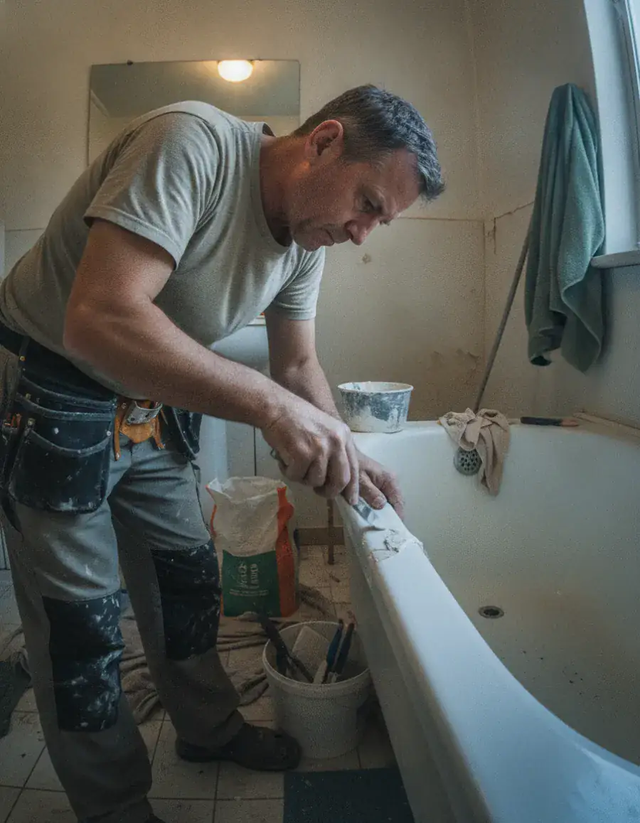 Handwerker bessert eine beschädigte Stelle an einer Badewanne aus und beschichtet die Oberfläche neu