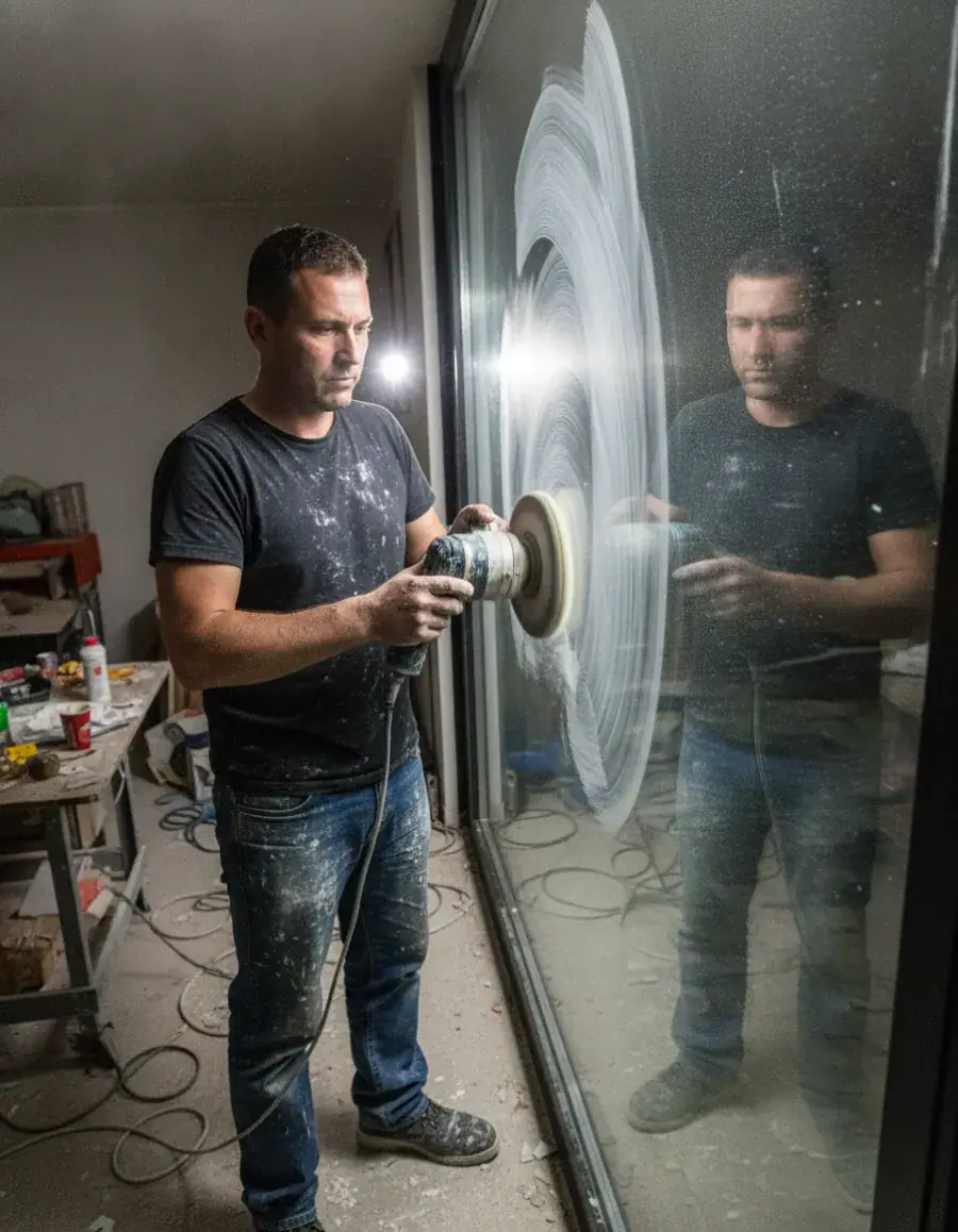 Handwerker poliert mit einer Poliermaschine Kratzer aus einer Glasfläche