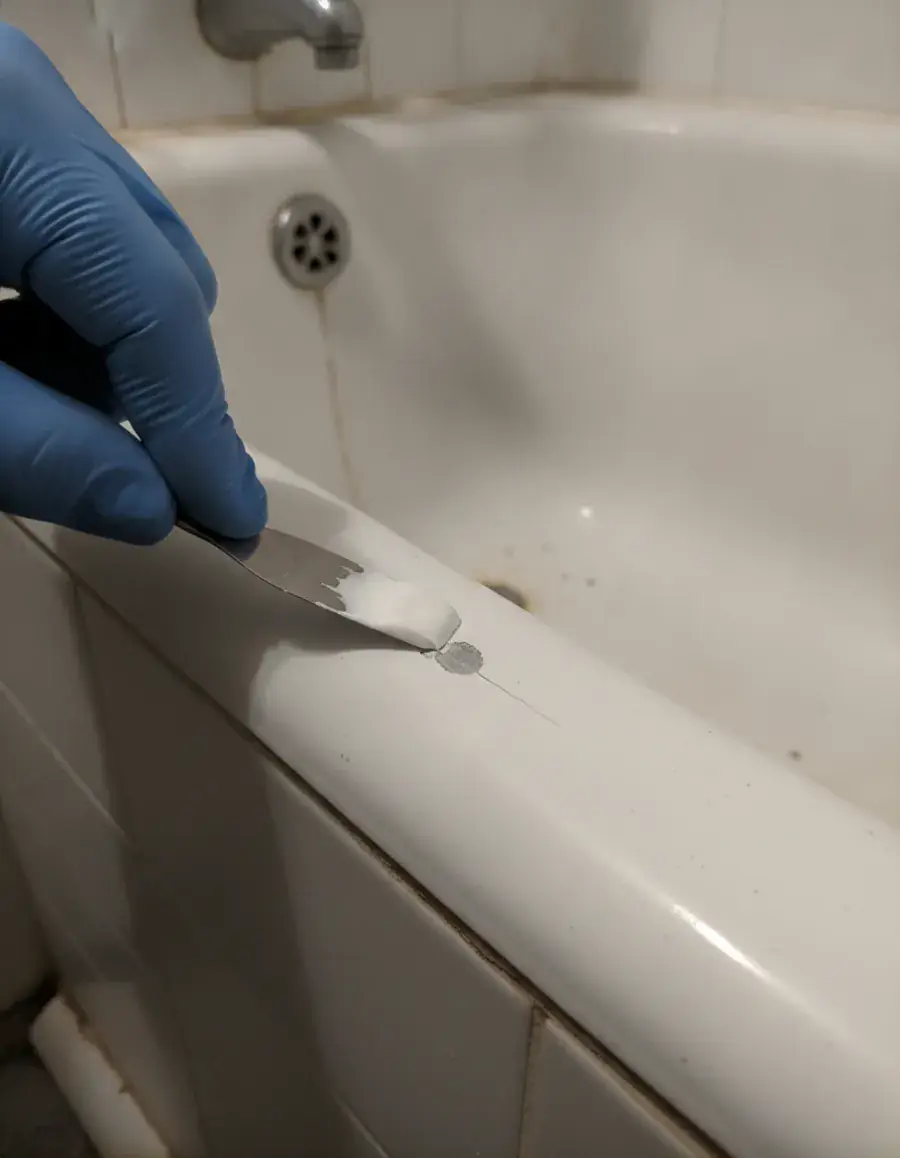 Handwerker repariert mit Spachtel eine Abplatzung am Rand einer weissen Badewanne