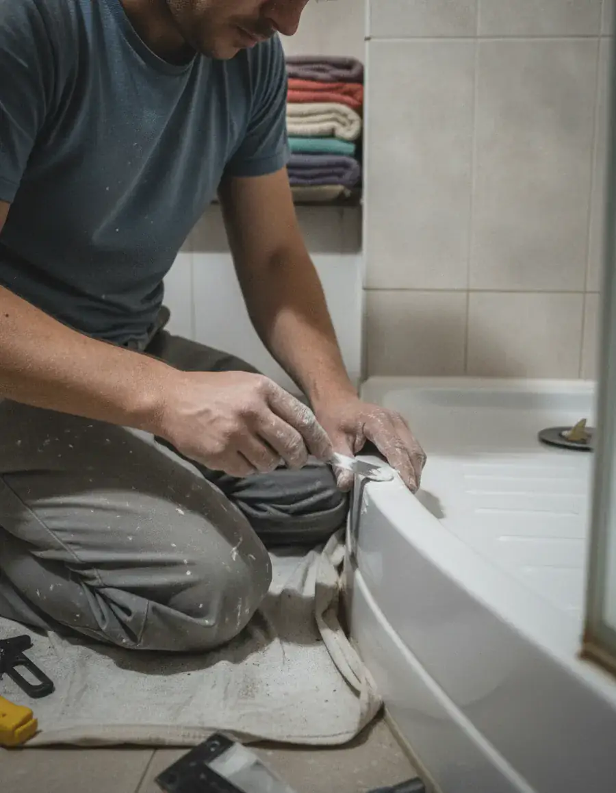 Handwerker repariert mit Spachtel eine Abplatzung am Rand einer Duschwanne