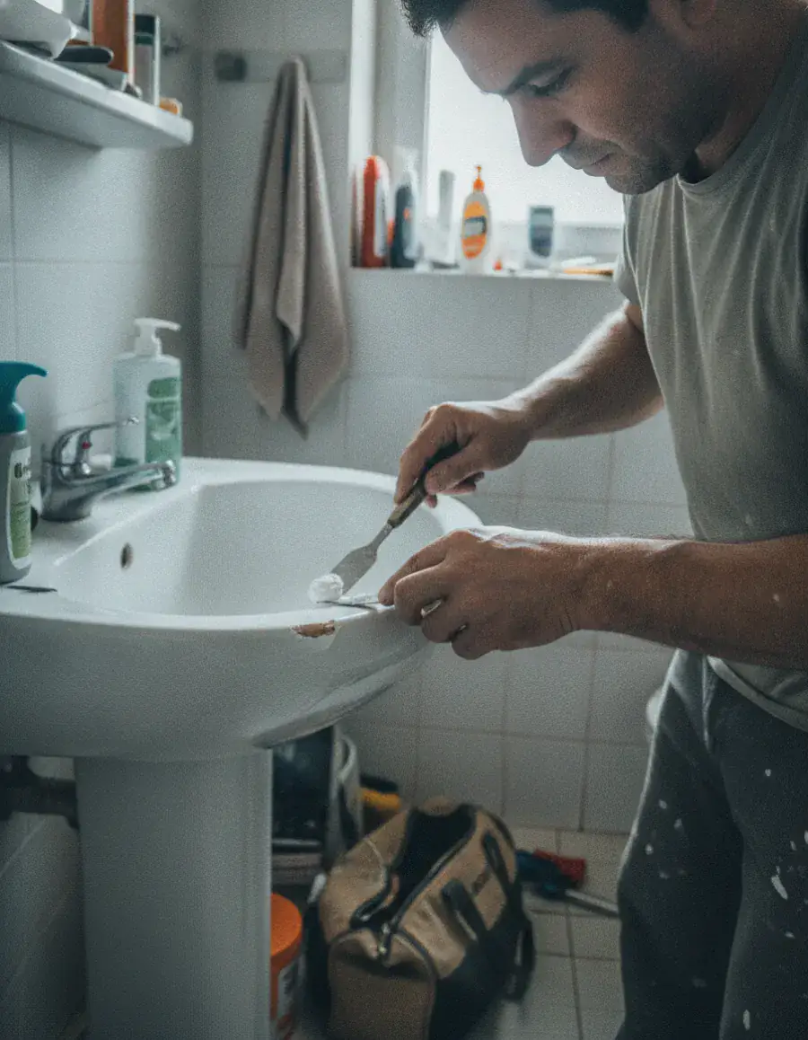 Handwerker bessert mit Spachtel eine Abplatzung an einem weissen Lavabo aus