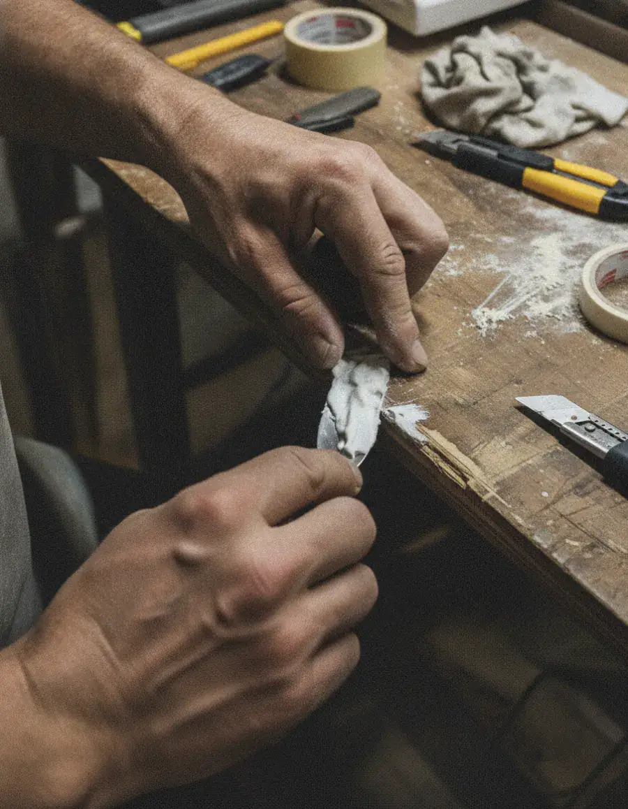 Handwerker repariert eine beschädigte Oberfläche mit einer Spachtel