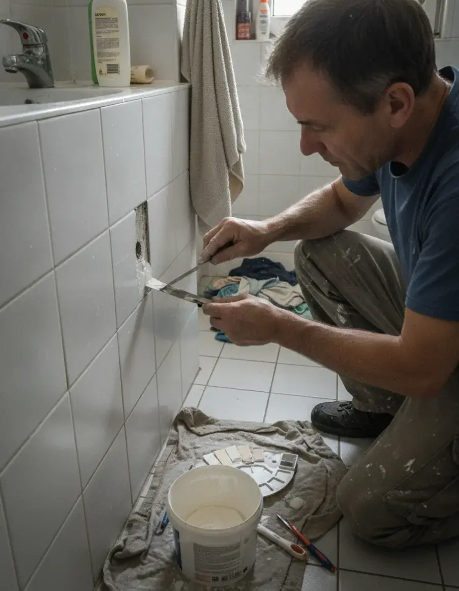 Handwerker retuschiert mit feinem Werkzeug einen Riss in einem Wandplättli
