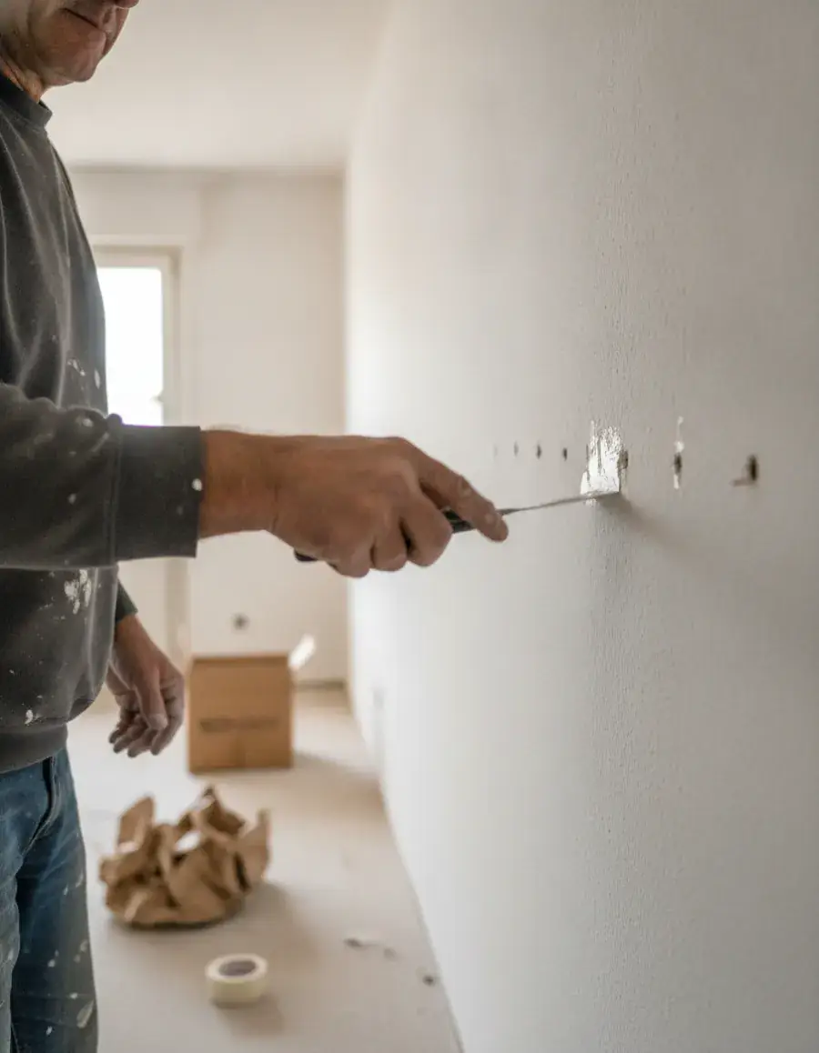 Handwerker repariert vor der Wohnungsübergabe ein Bohrloch in einer leeren Wohnung