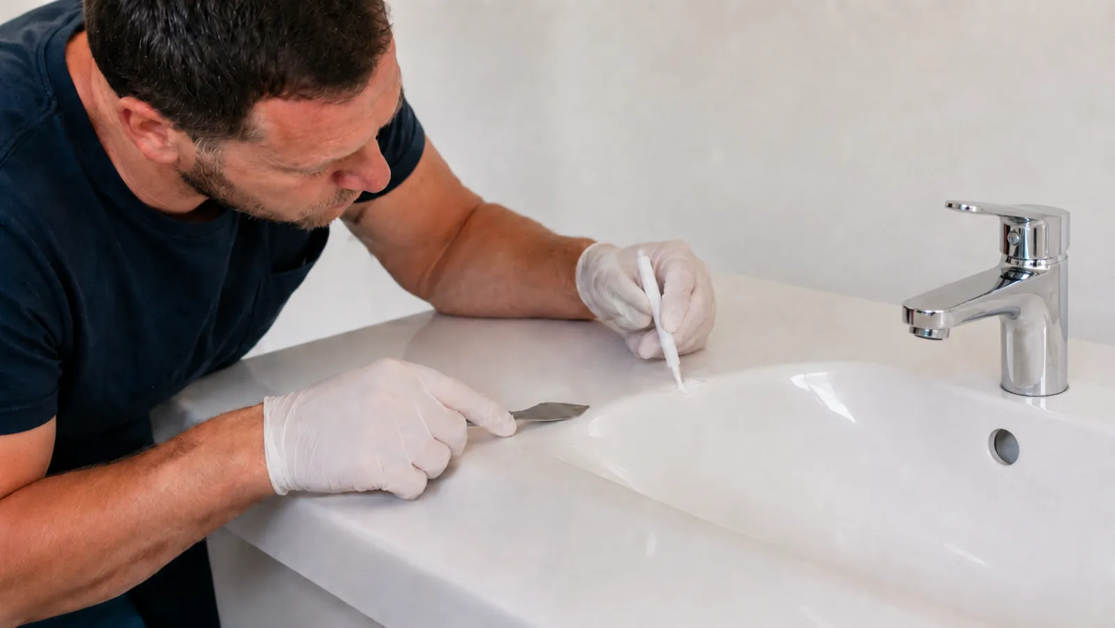 Handwerker bessert die Oberfläche eines Lavabos aus