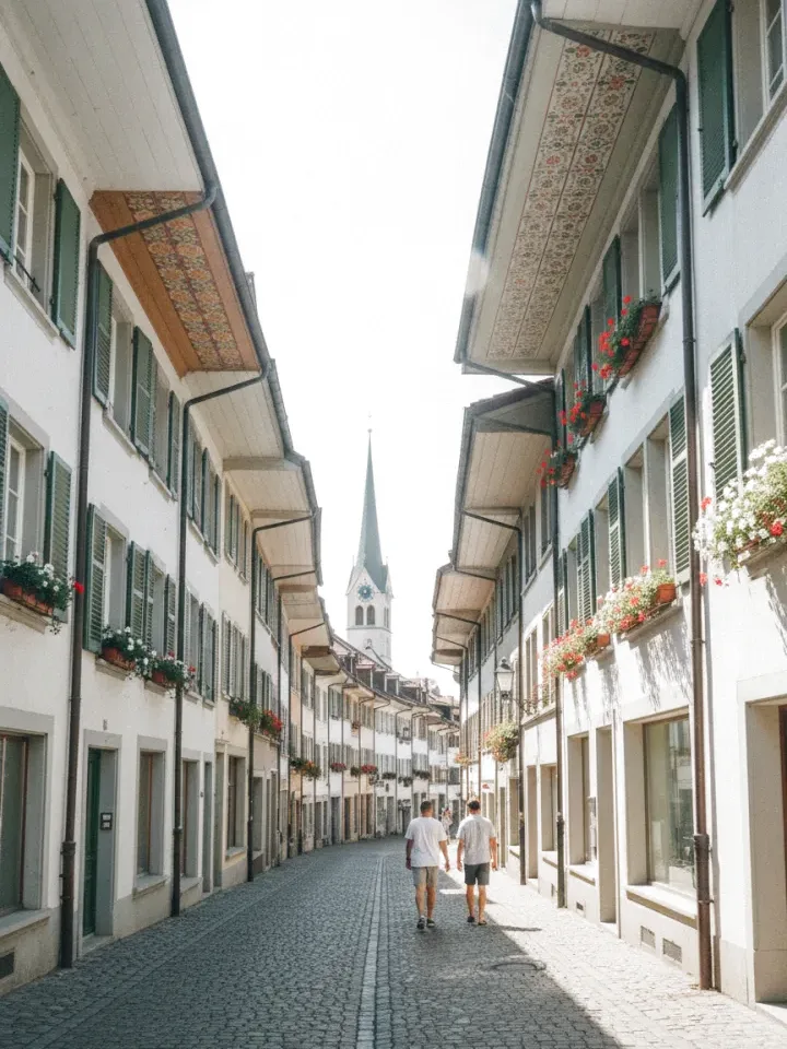 Altstadtgasse in Aarau mit den bemalten Dachuntersichten und Blumenkästen an den Fenstern – ReparFix vermittelt Glaskratzer-Entfernungen an Partnerbetriebe im Aargau, die vor Ort polieren.