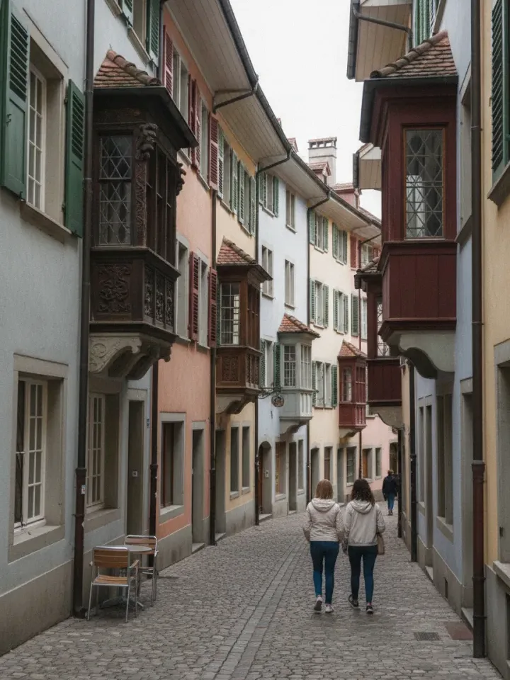 Gasse in der St. Galler Altstadt mit geschnitzten Holzerkern an den Fassaden – ReparFix vermittelt Glaskratzer-Entfernungen an Partnerbetriebe in St. Gallen, die vor Ort polieren.