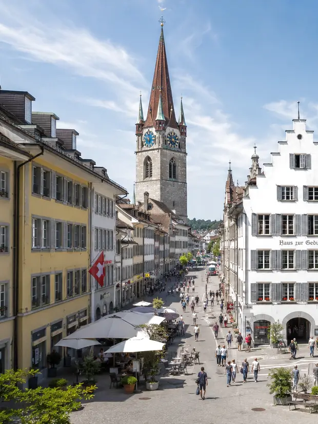 Altstadt von Winterthur mit Stadtkirche und Marktgasse – ReparFix vermittelt Lavabo-Reparaturen an Partnerbetriebe in Winterthur, die vor Ort reparieren.